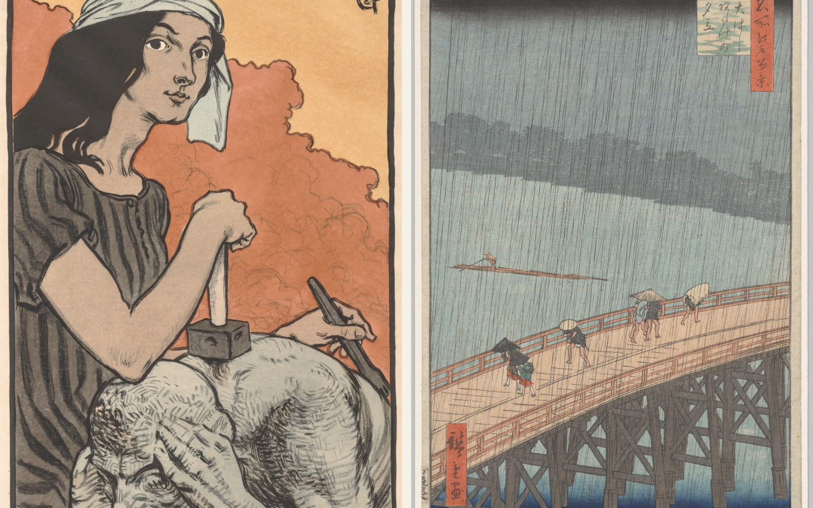 Side-by-side Art Nouveau poster and Japanese woodblock artwork