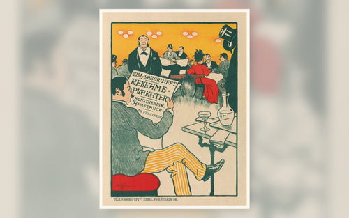 A vintage poster design with figures gathered around a table