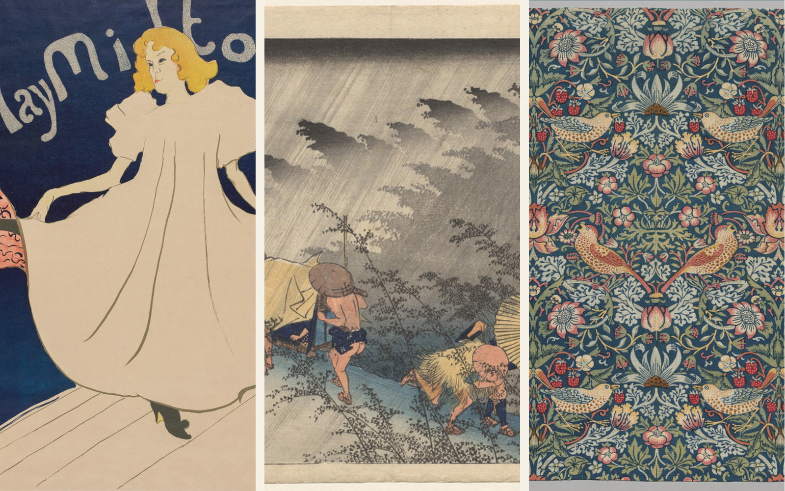 A triptych of vintage poster art, a Japanese woodblock print, and floral textile