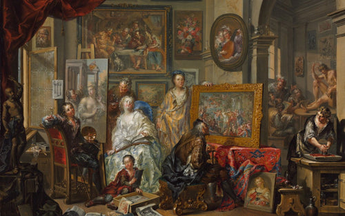 An artist's studio filled with paintings and working artists