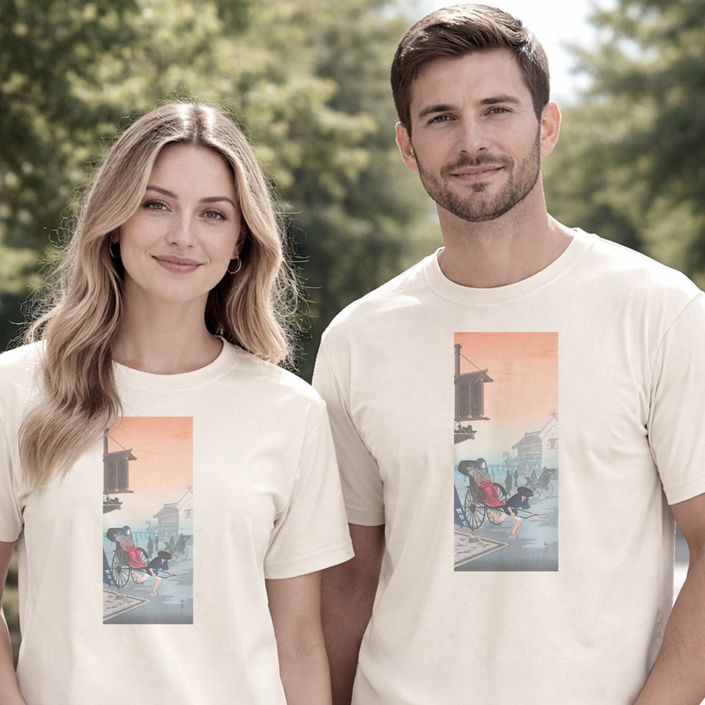 Takahashi Hiroaki (Shōtei) — Morning Haze, Japanese Woodblock Rickshaw Street Scene Tee