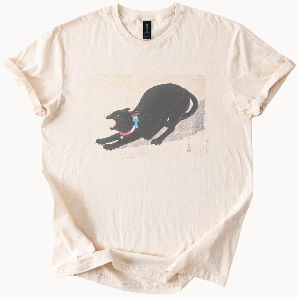 Takahashi Hiroaki (Shōtei) — Black Cat Hissing, 20th-Century Japanese Woodblock Print Tee