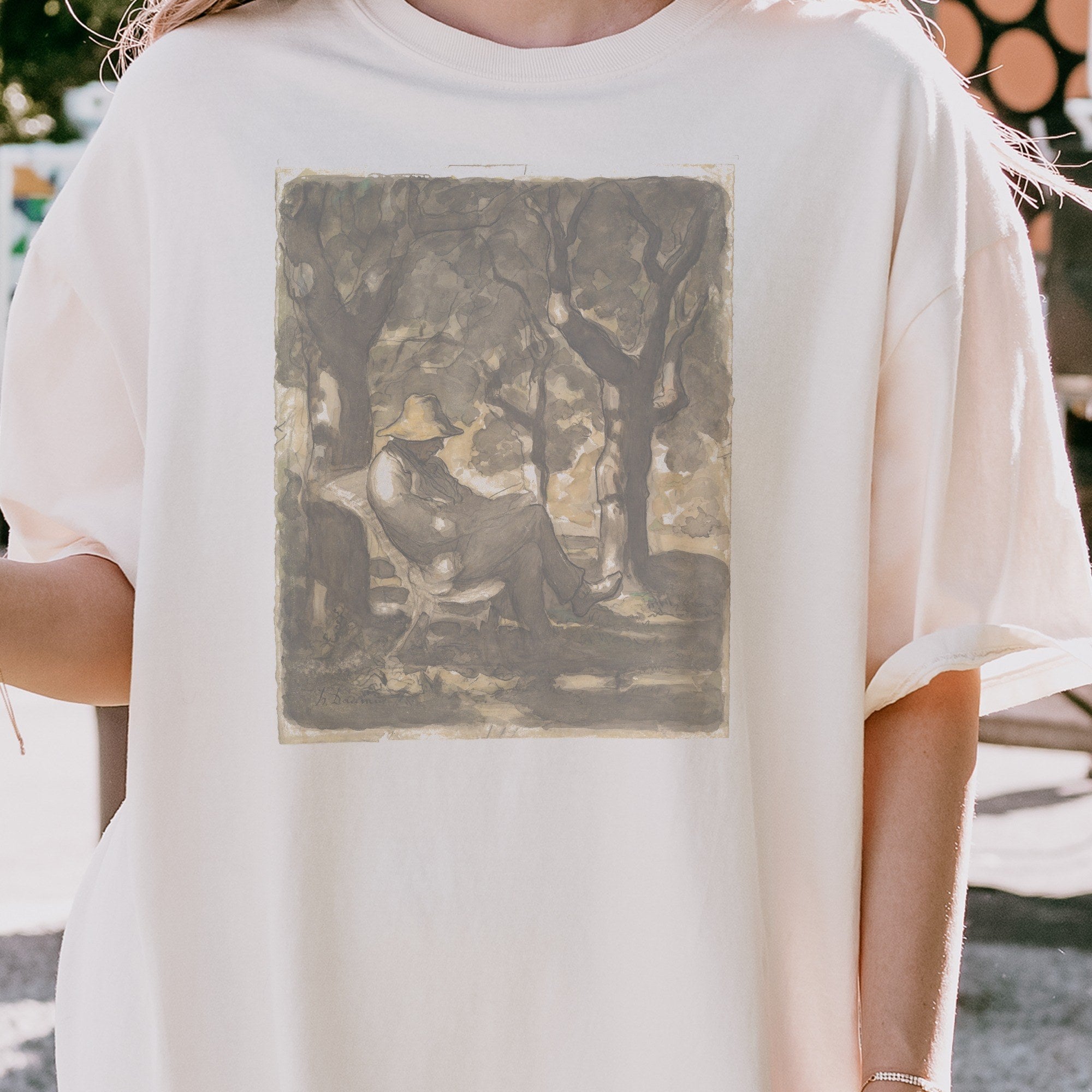 Honoré Daumier — A Man Reading in a Garden Vintage Watercolor Art Tee