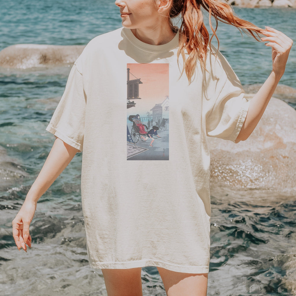 Takahashi Hiroaki (Shōtei) — Morning Haze, Japanese Woodblock Rickshaw Street Scene Tee