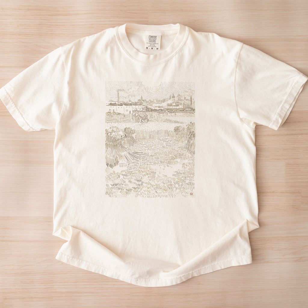 Vincent van Gogh — Arles: View from the Wheatfields (1888) Vintage Reed-Pen Drawing Tee