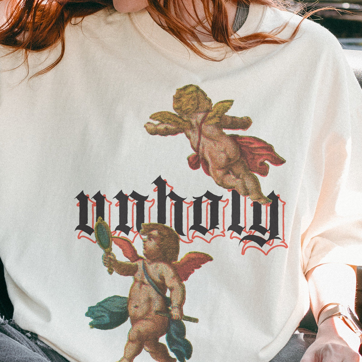 Reimagined Baroque Cherubs — 'Unholy' Streetwear Tee (Cellarius Mirror Cherub, 1660)