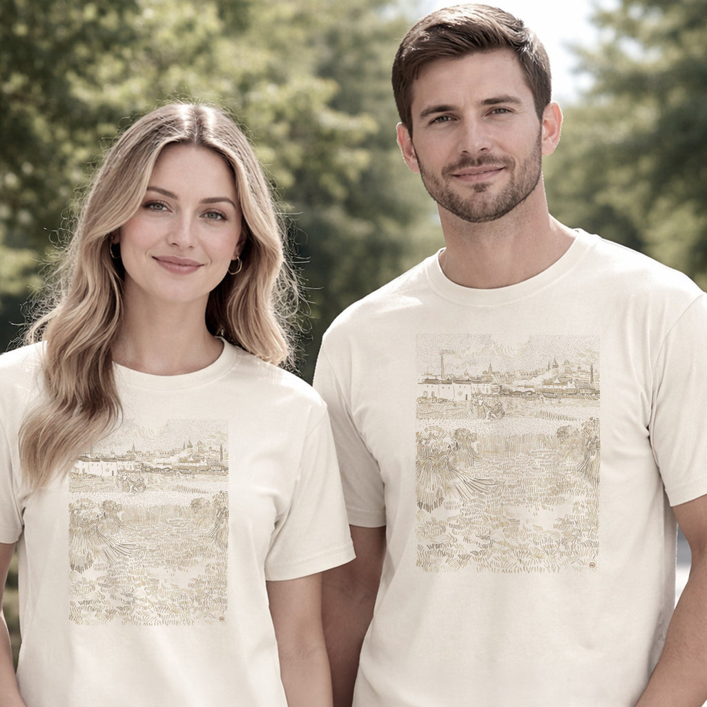 Vincent van Gogh — Arles: View from the Wheatfields (1888) Vintage Reed-Pen Drawing Tee