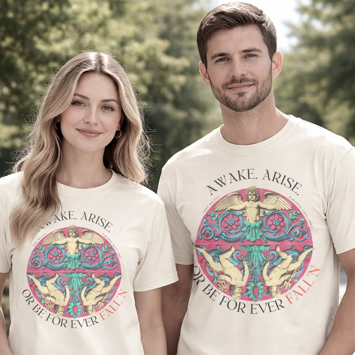 Reimagined Ornamental Cherub Medallion (1888) with Milton's 'Awake, Arise' — Decorative Vintage Art Tee