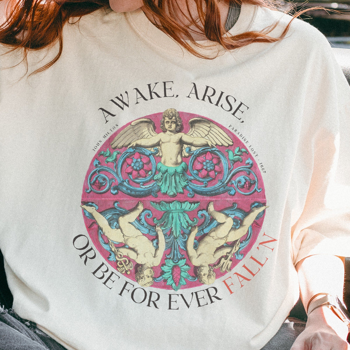 Reimagined Ornamental Cherub Medallion (1888) with Milton's 'Awake, Arise' — Decorative Vintage Art Tee