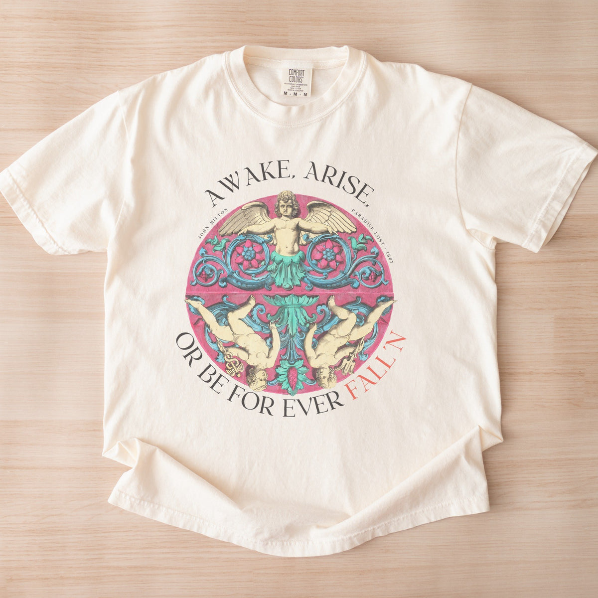 Reimagined Ornamental Cherub Medallion (1888) with Milton's 'Awake, Arise' — Decorative Vintage Art Tee