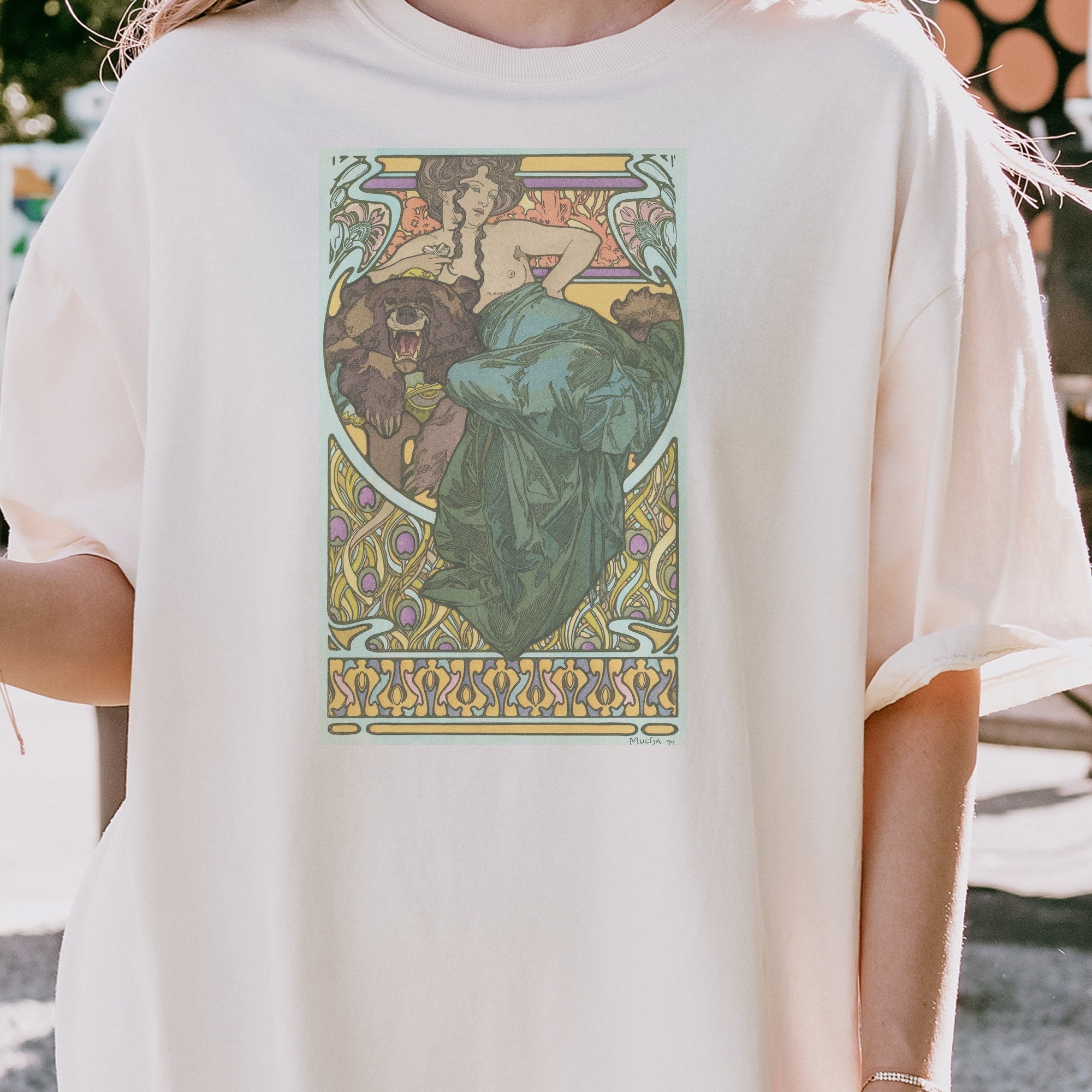Alphonse Mucha — Untitled Art Nouveau Study (1902) Woman with Bear Vintage Tee