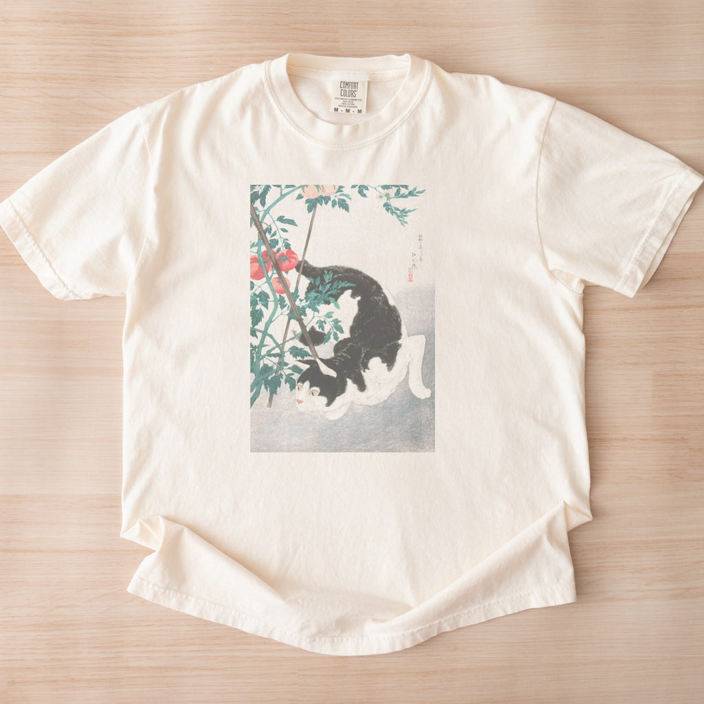 Takahashi Hiroaki (Shōtei) — Cat with Tomato Plant (1931) Japanese Woodblock Art Tee