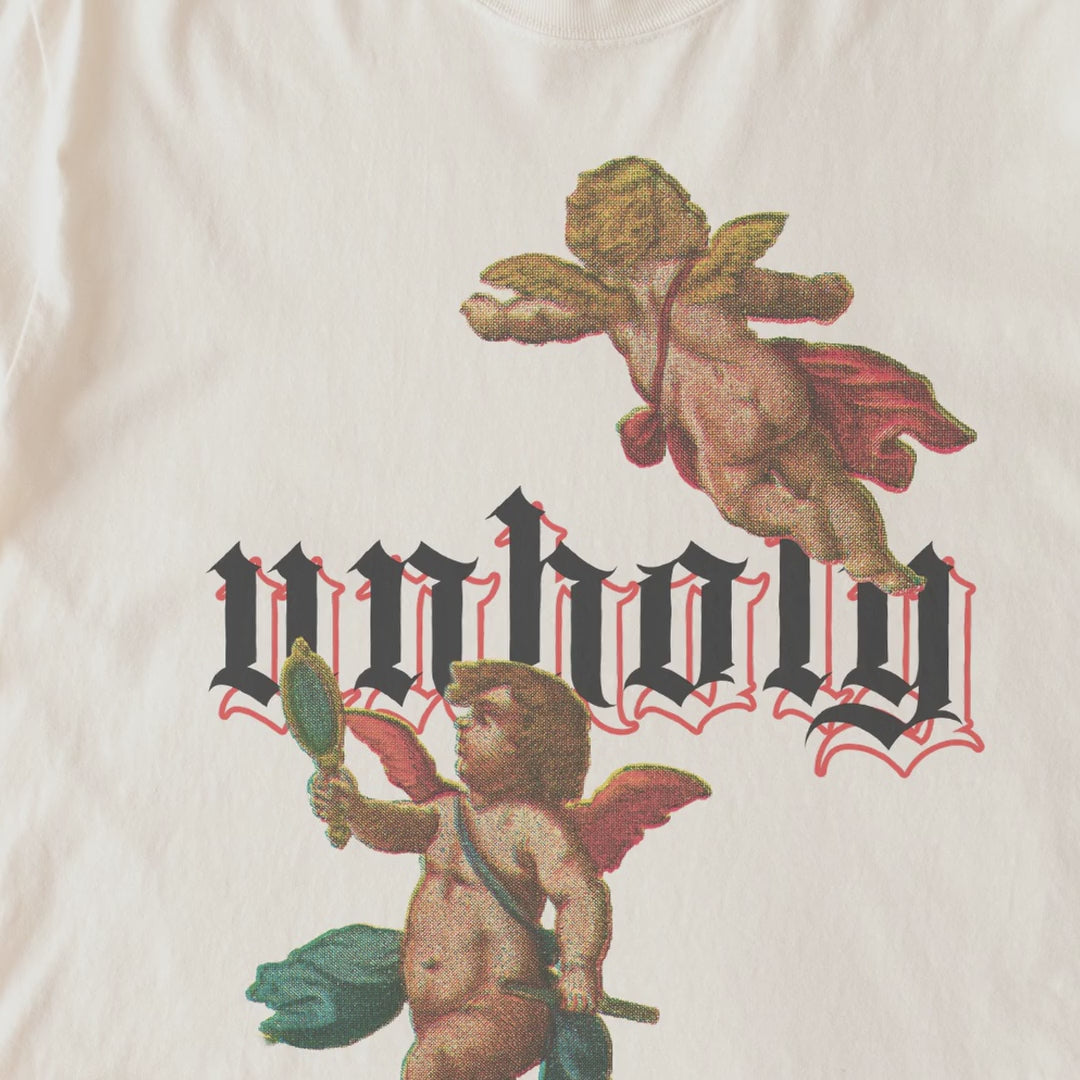 Reimagined Baroque Cherubs — 'Unholy' Streetwear Tee (Cellarius Mirror Cherub, 1660)