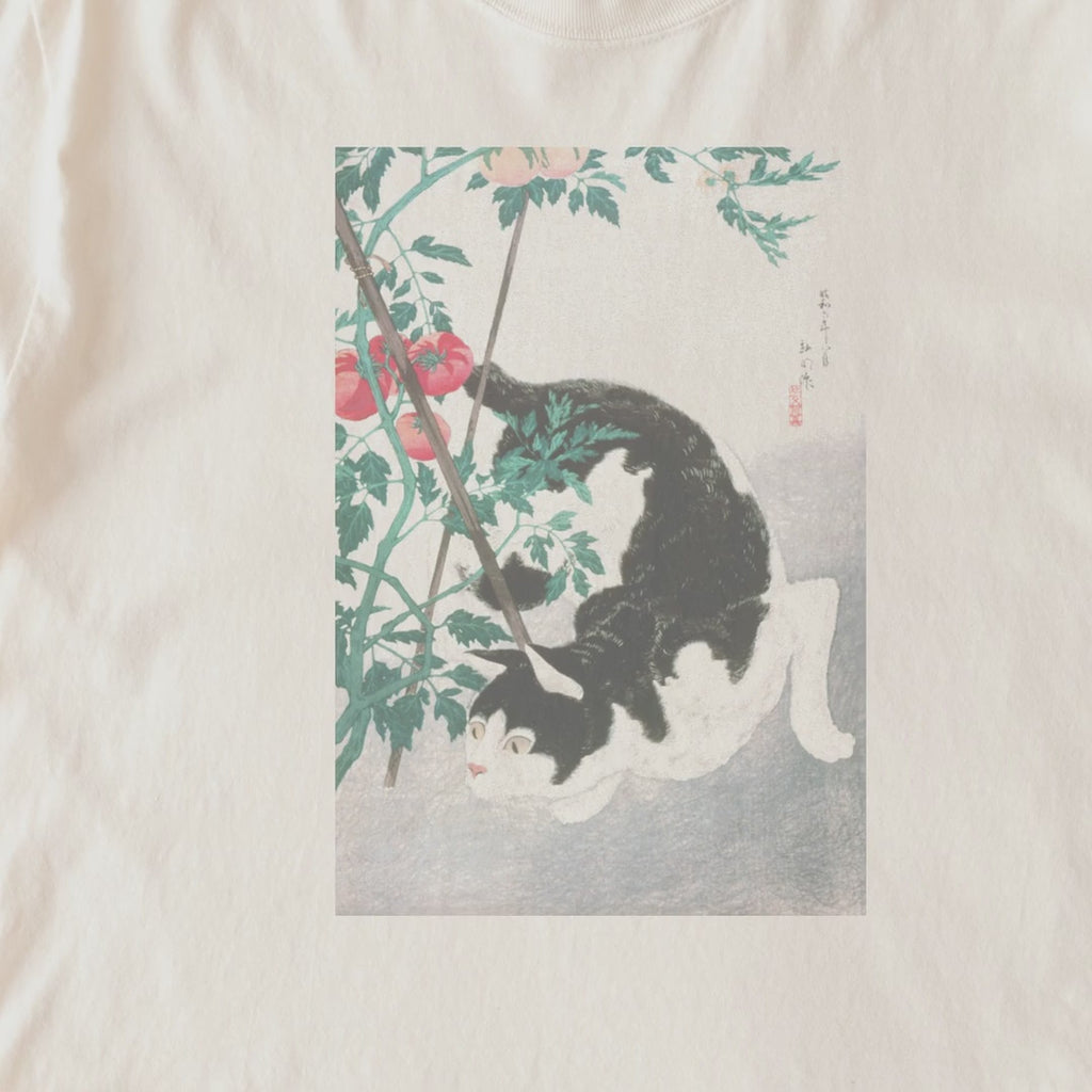 Takahashi Hiroaki (Shōtei) — Cat with Tomato Plant (1931) Japanese Woodblock Art Tee