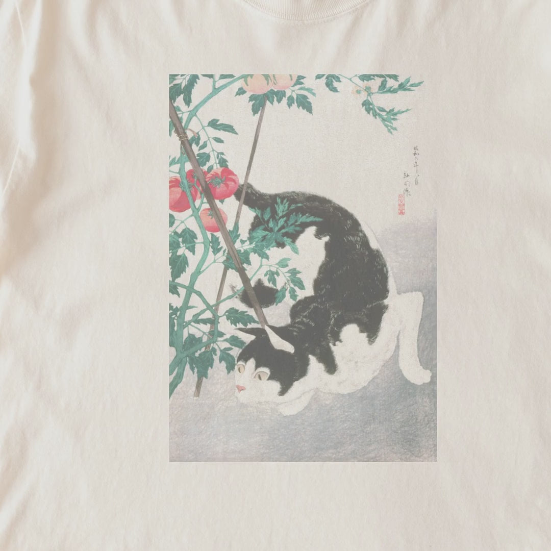 Takahashi Hiroaki (Shōtei) — Cat with Tomato Plant (1931) Japanese Woodblock Art Tee